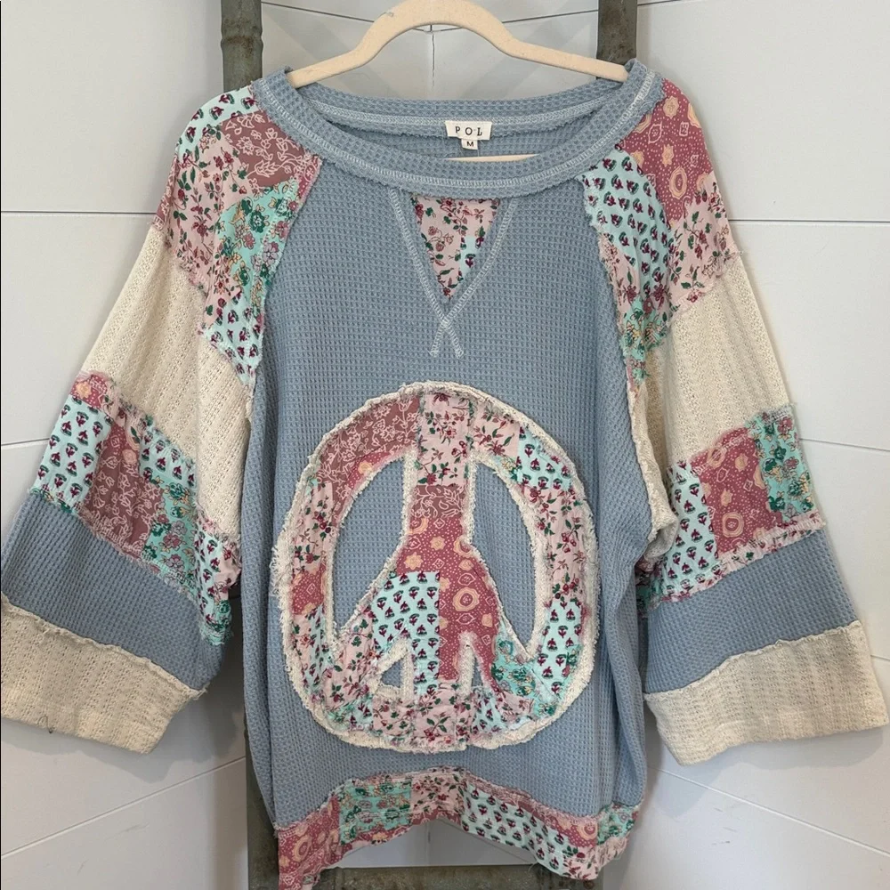 NEW 48 hr preview price : POL Patchwork Peace Sign Top - Blue and Pink - Picture 1 of 6